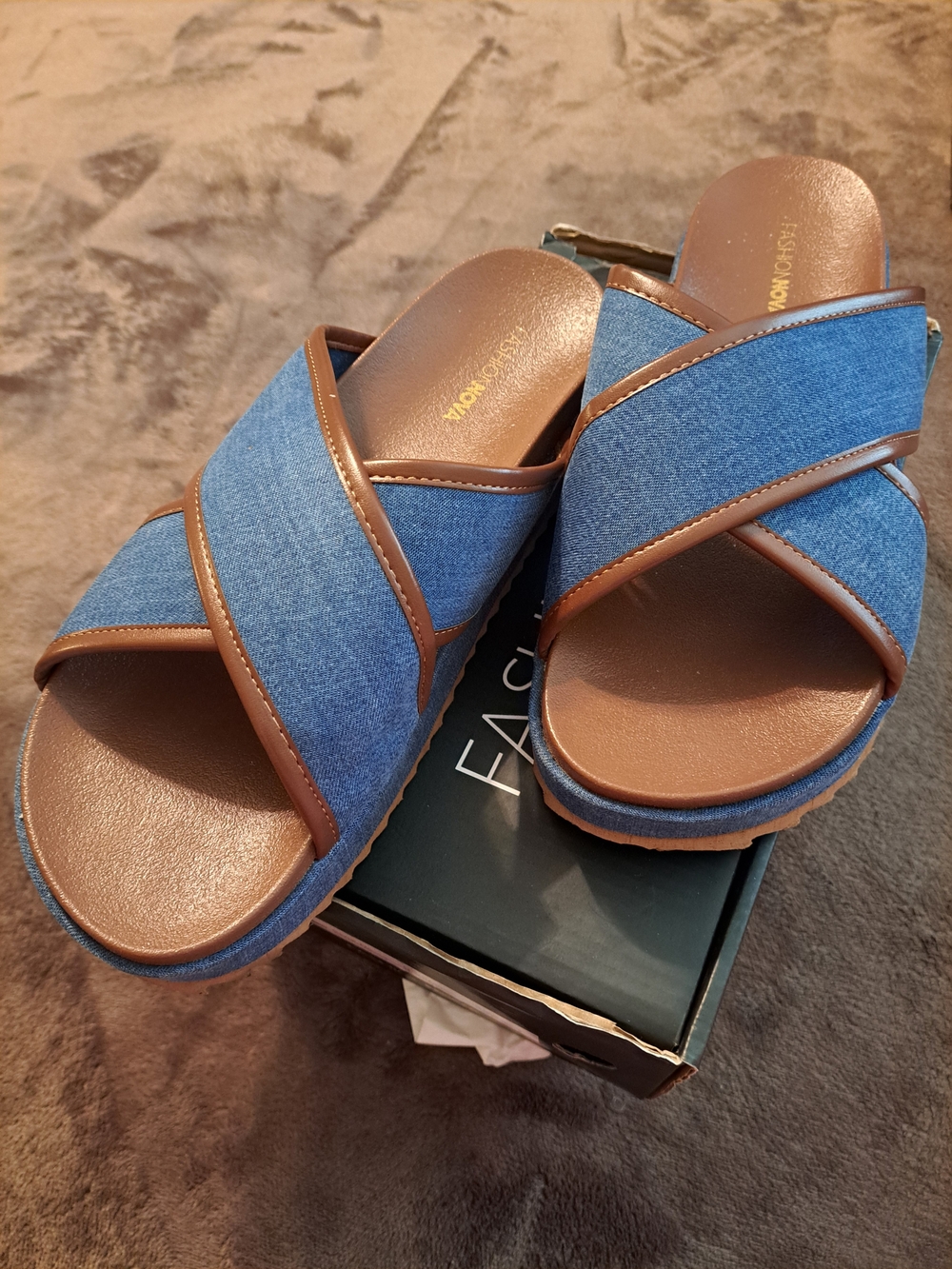 Fashion Nova Denim Crisscross Slide Sandals with Brown Trim